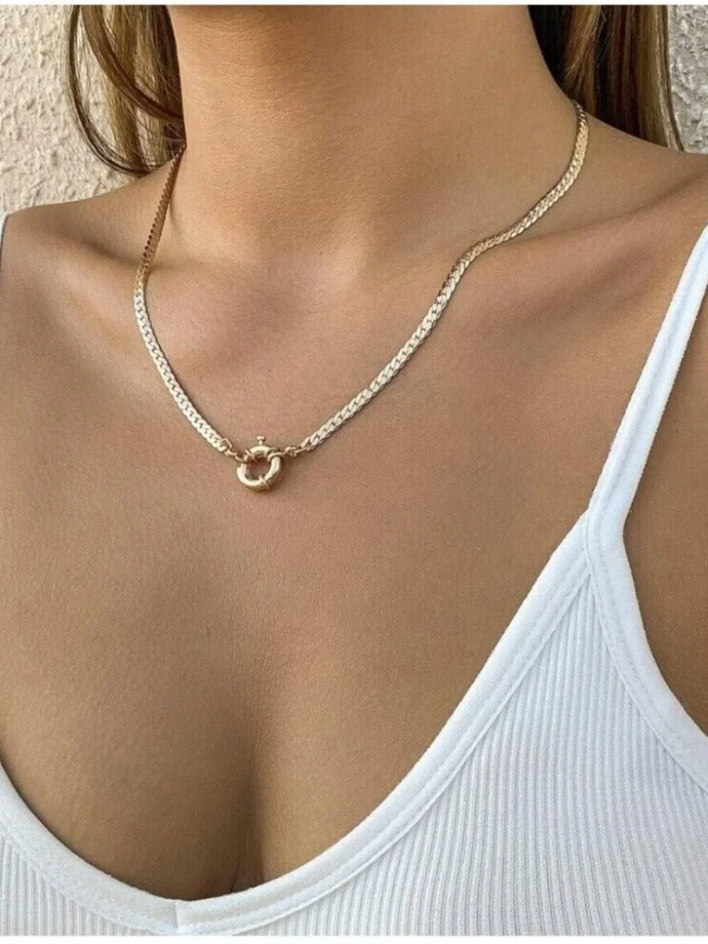 18K Gold Plate Herringbone Charm Holder Necklace Stainless Steel Women’s Jewelry